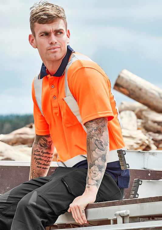 SYSMIK - MENS HI VIS SPLICED POLO - SHORT SLEEVE SHOULDER TAPED (ZH233)